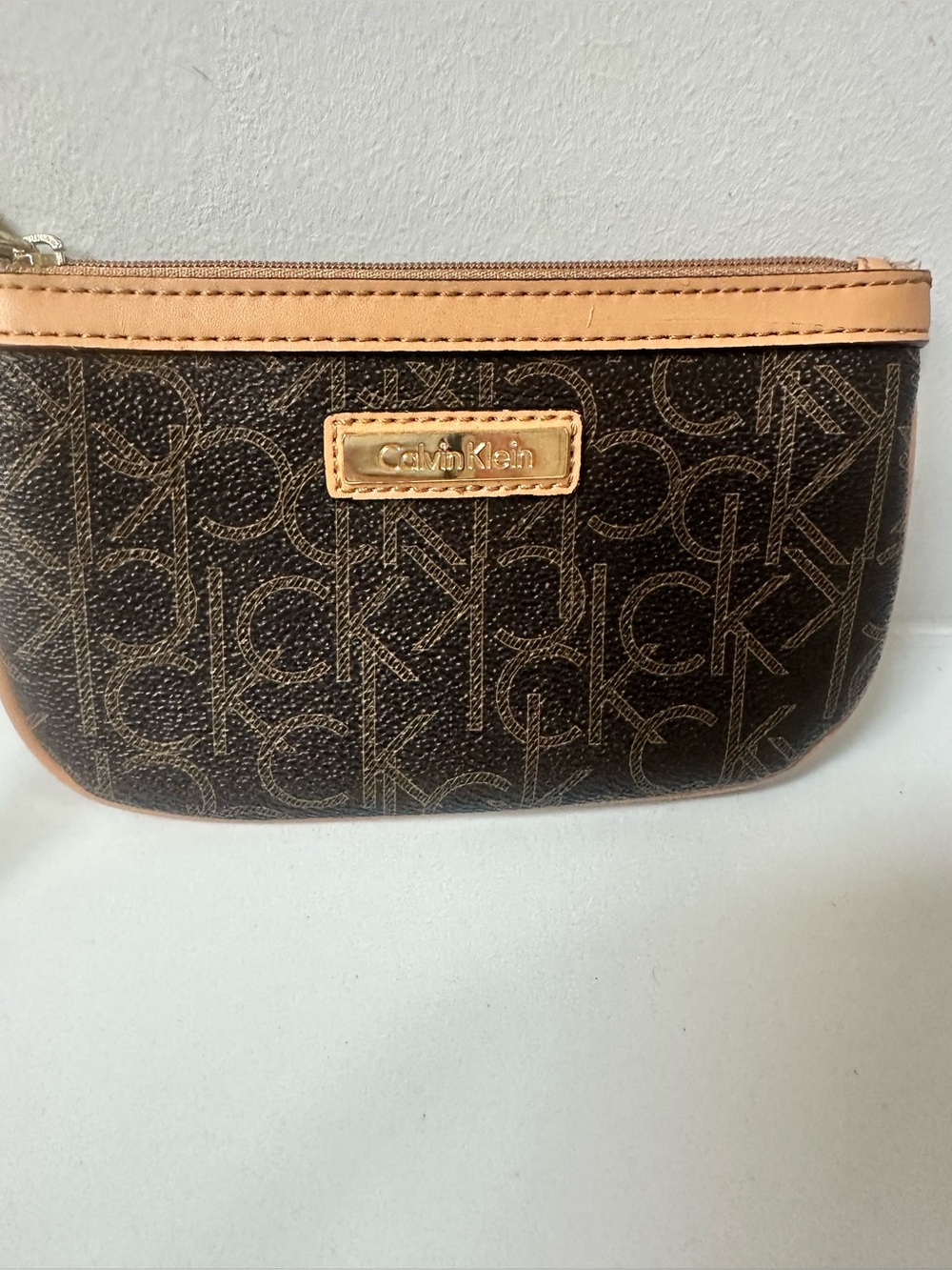 Calvin Klein Dark Brown Logo Wristlet with Tan Trim